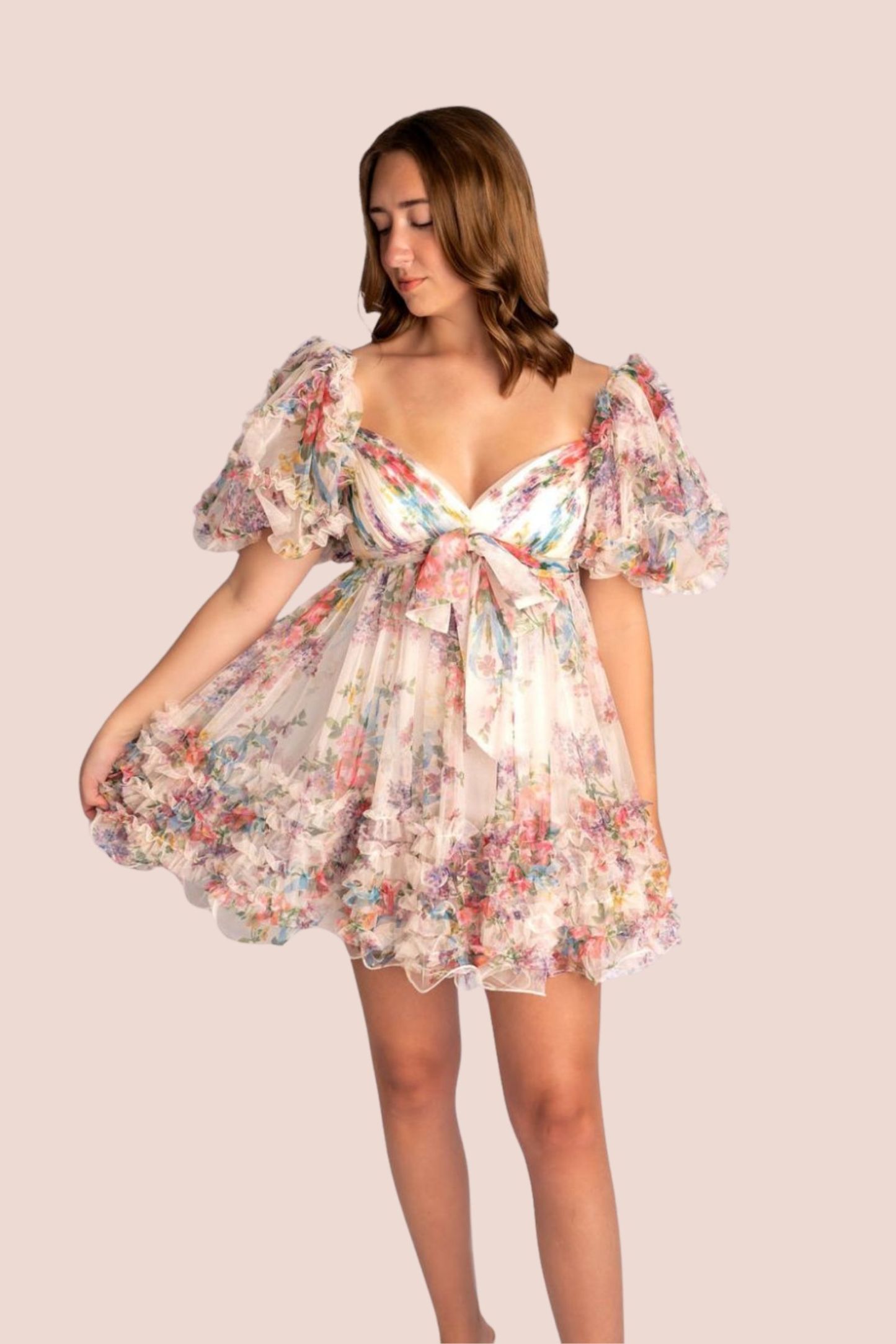 Floral empire waist mini dress with puff sleeves#HC004