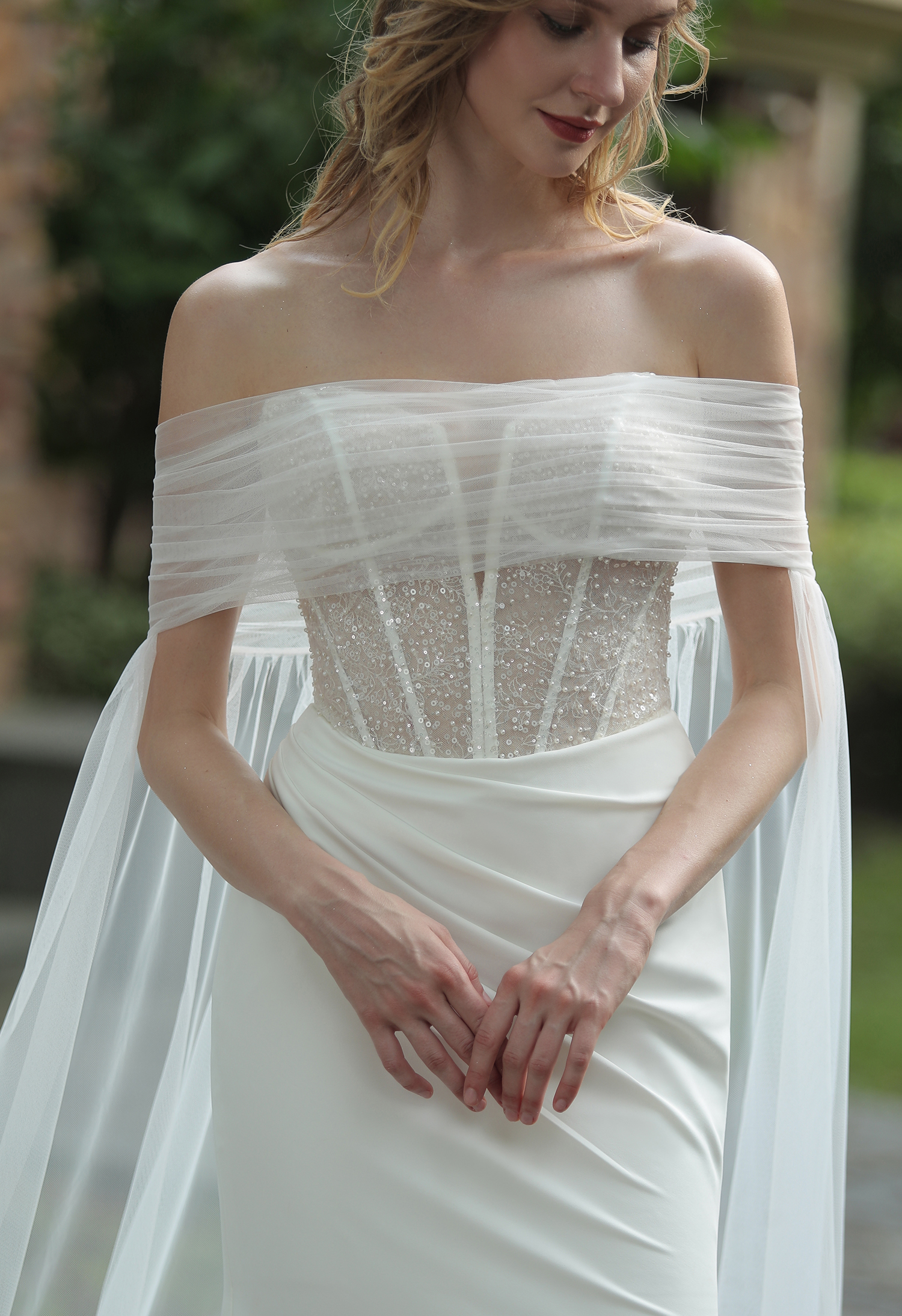 Plunging V-neck Beaded Crepe Fit And Flare Wedding Dress  HW3074
