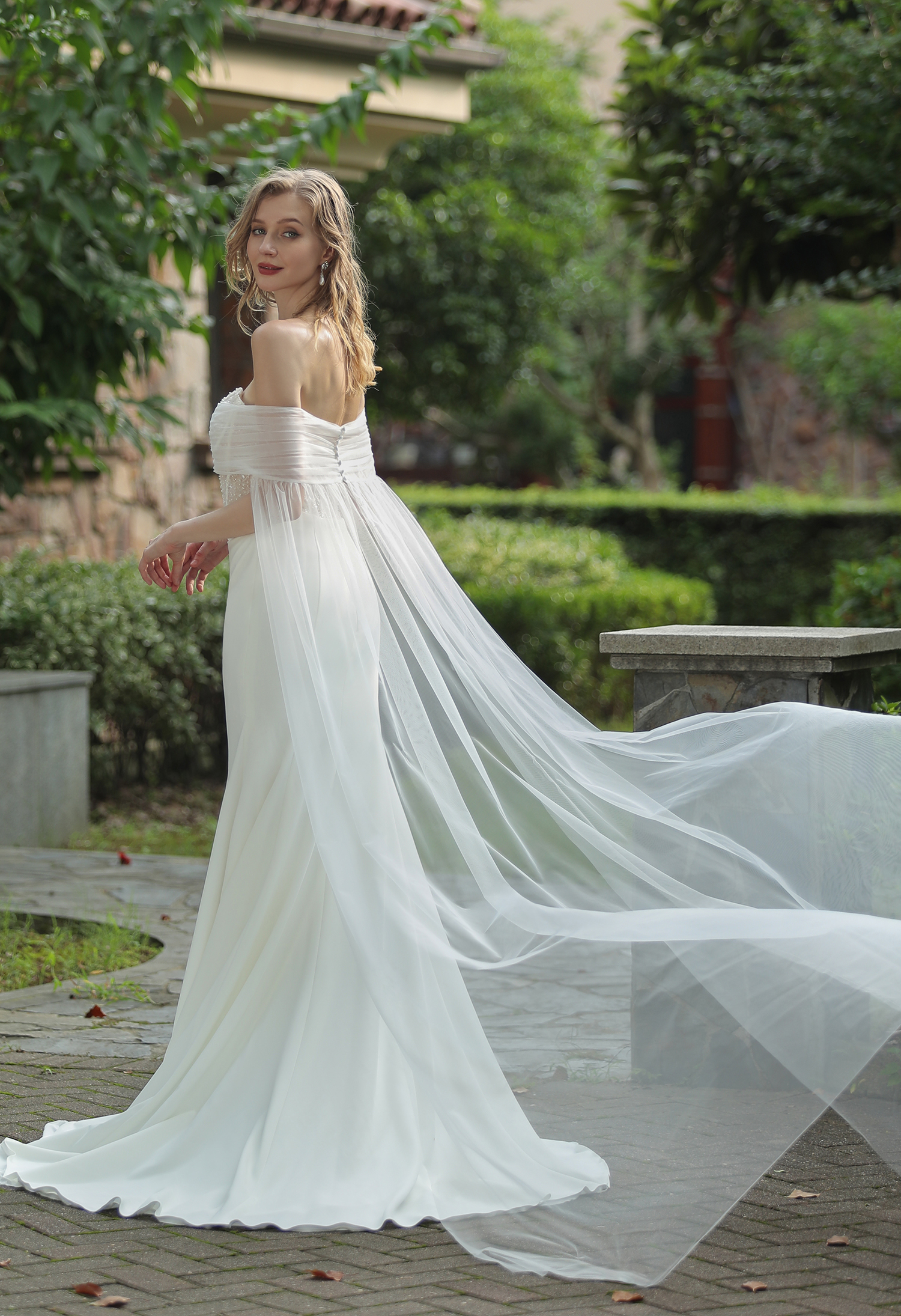 Plunging V-neck Beaded Crepe Fit And Flare Wedding Dress  HW3074