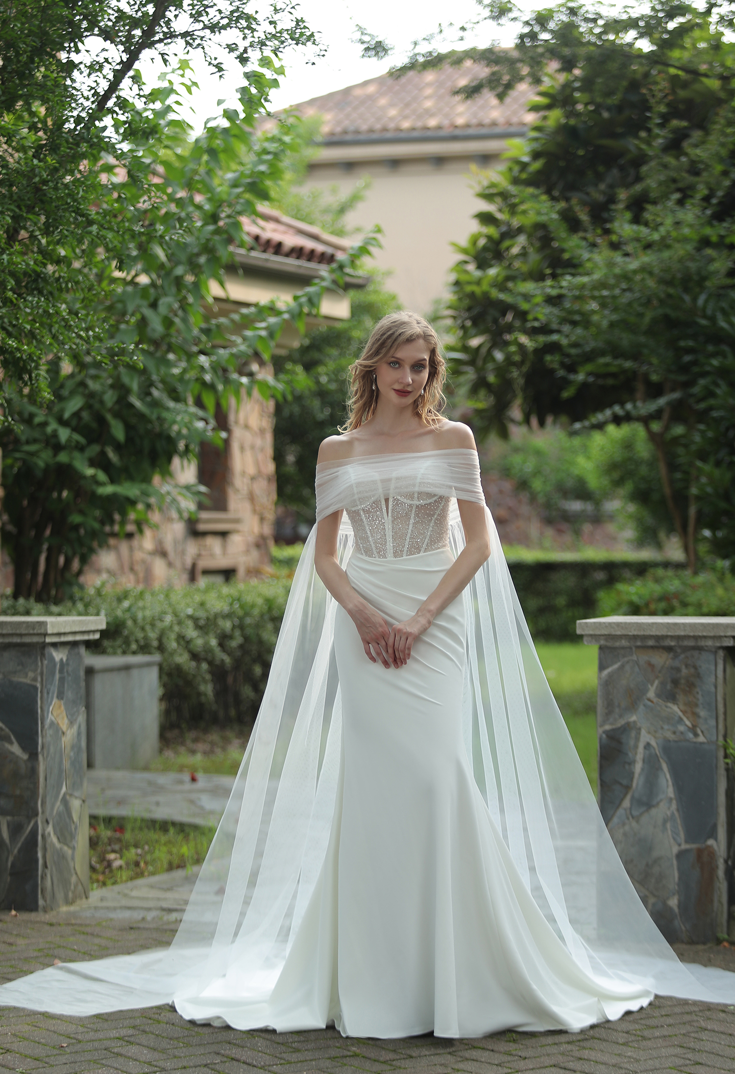 Plunging V-neck Beaded Crepe Fit And Flare Wedding Dress  HW3074