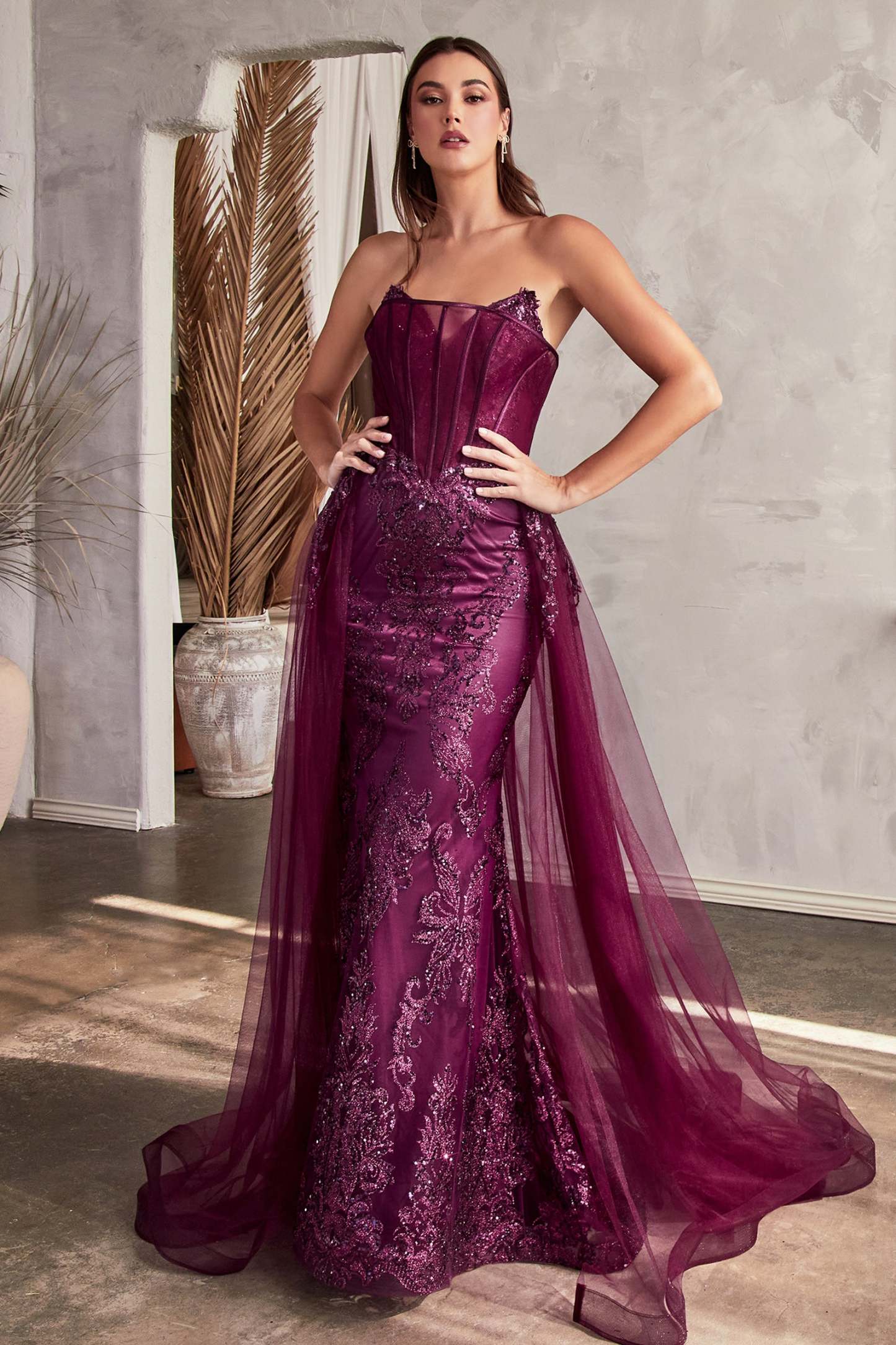 Strapless Glitter Evening Gown With Removable Tulle Overskirt #J858