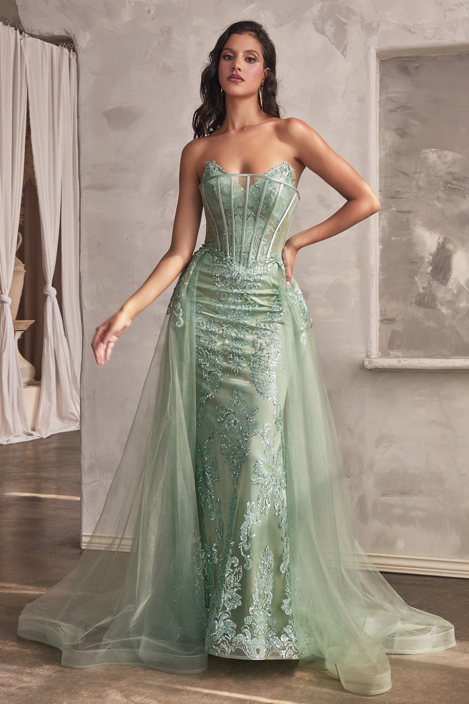 Strapless Glitter Evening Gown With Removable Tulle Overskirt #J858