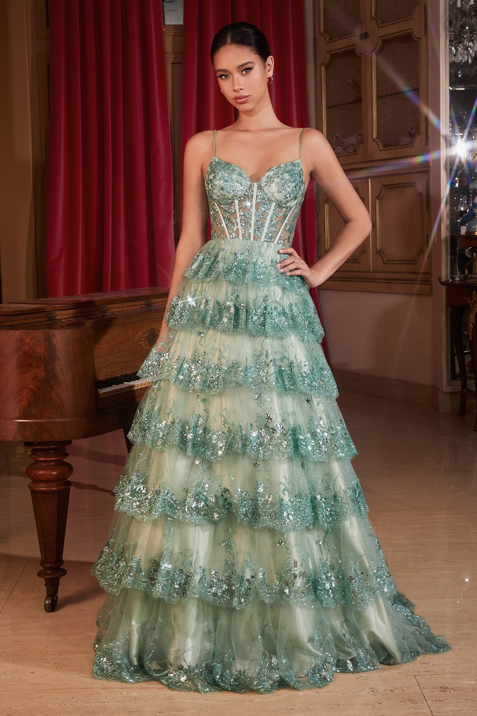 Sultry A-Line  Layered Tiered Scalloped Sequin Ruffled Skirt Ball Gown #KV1108