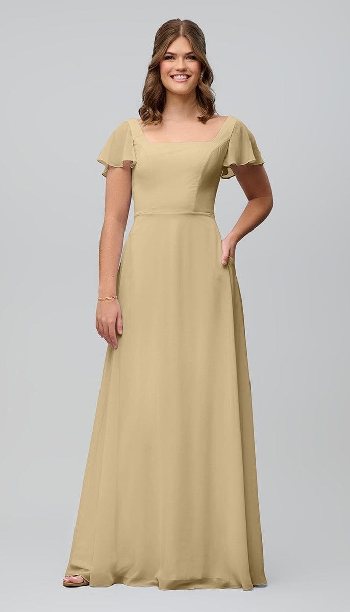 Modest A-Line Square Zipper Bridesmaid Dress With Flutter Sleeves