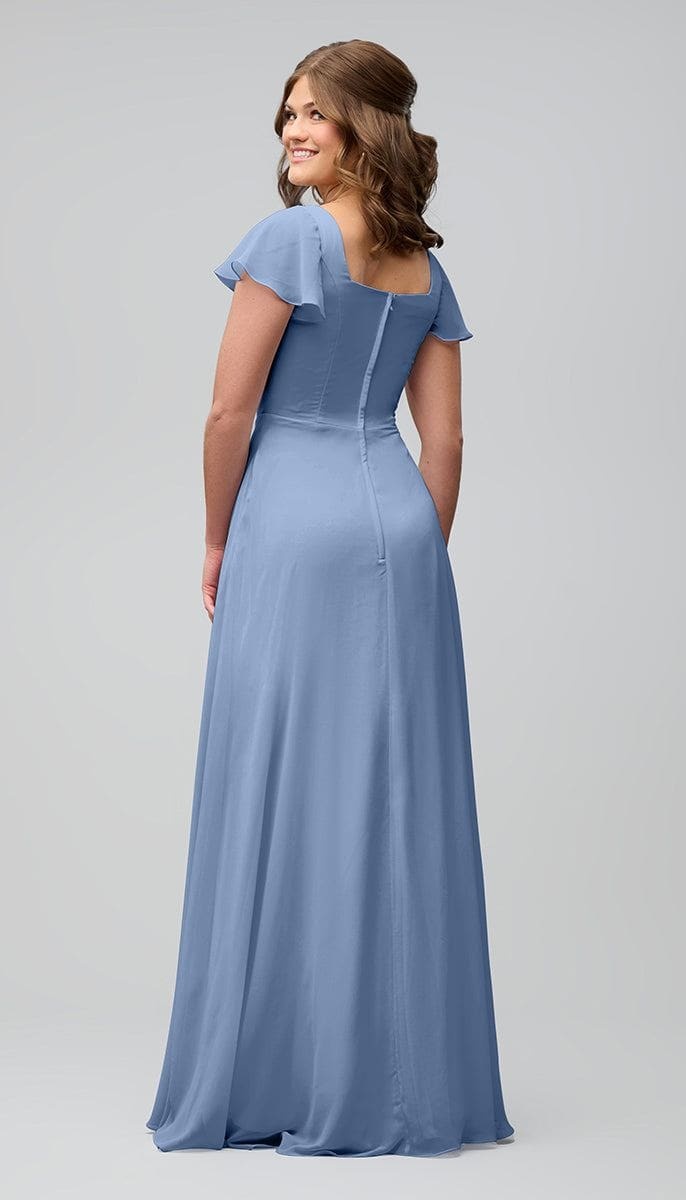 Modest A-Line Square Zipper Bridesmaid Dress With Flutter Sleeves