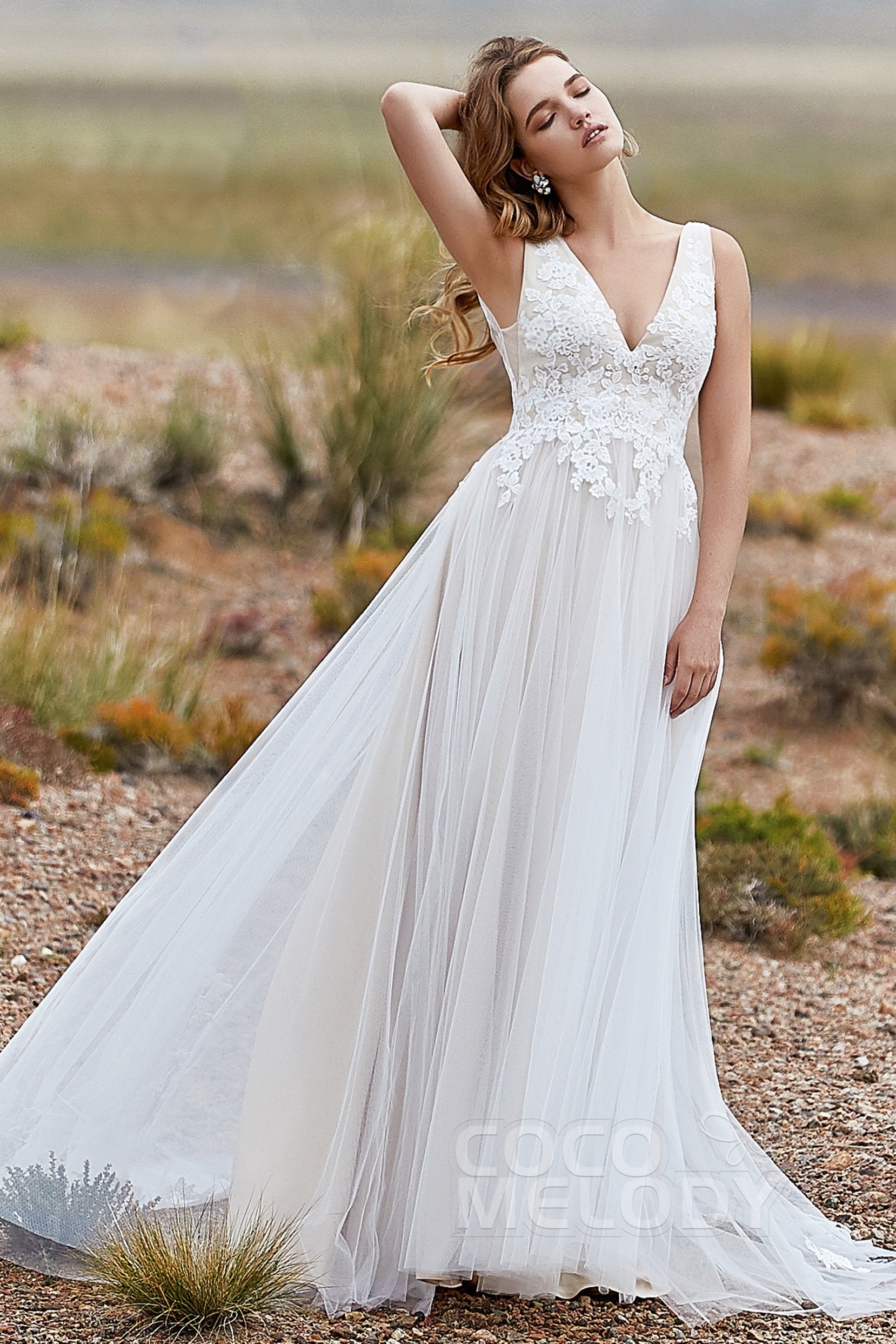 A-Line Sweep-Brush Train Tulle Wedding Dress