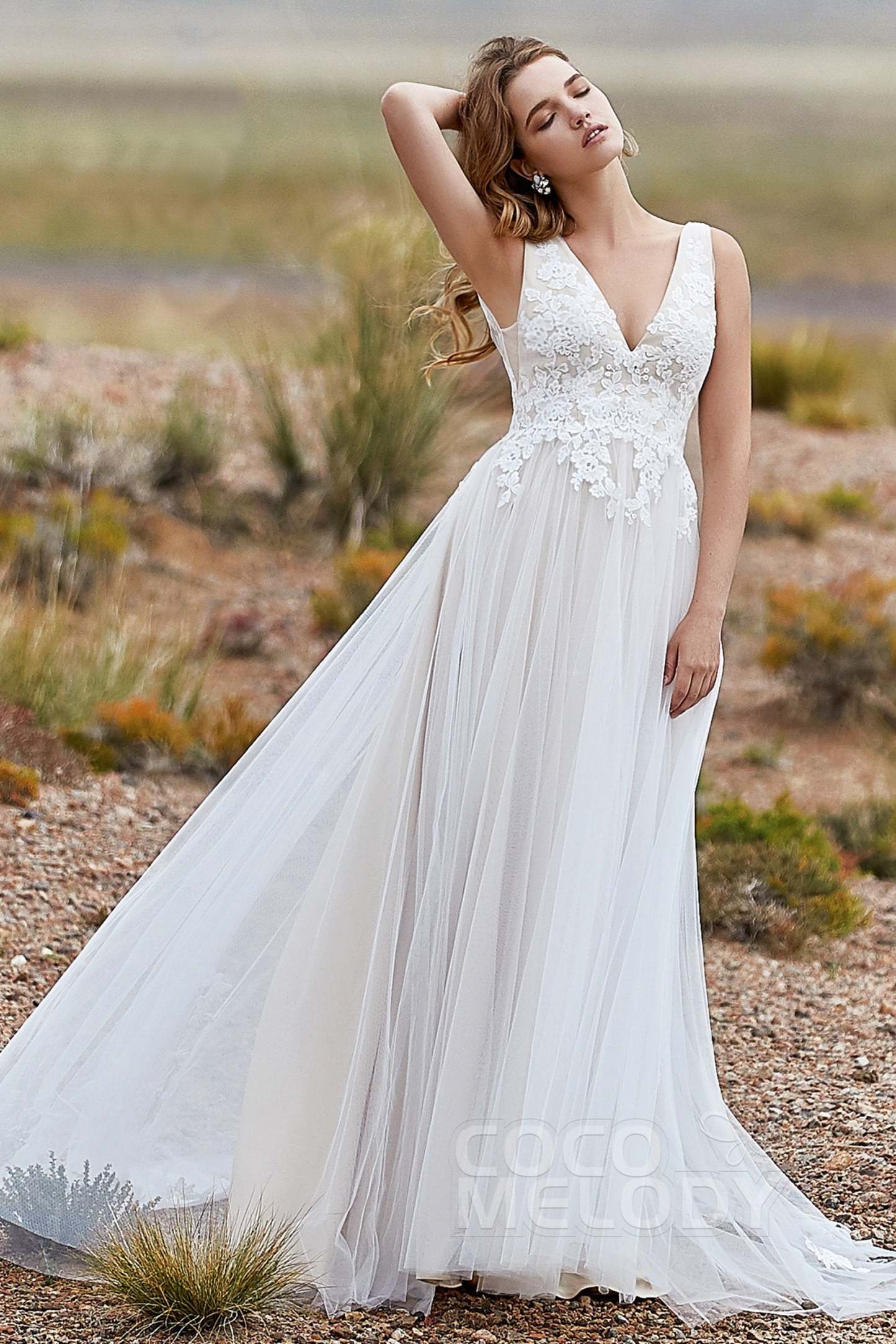 A-Line Sweep-Brush Train Tulle Wedding Dress