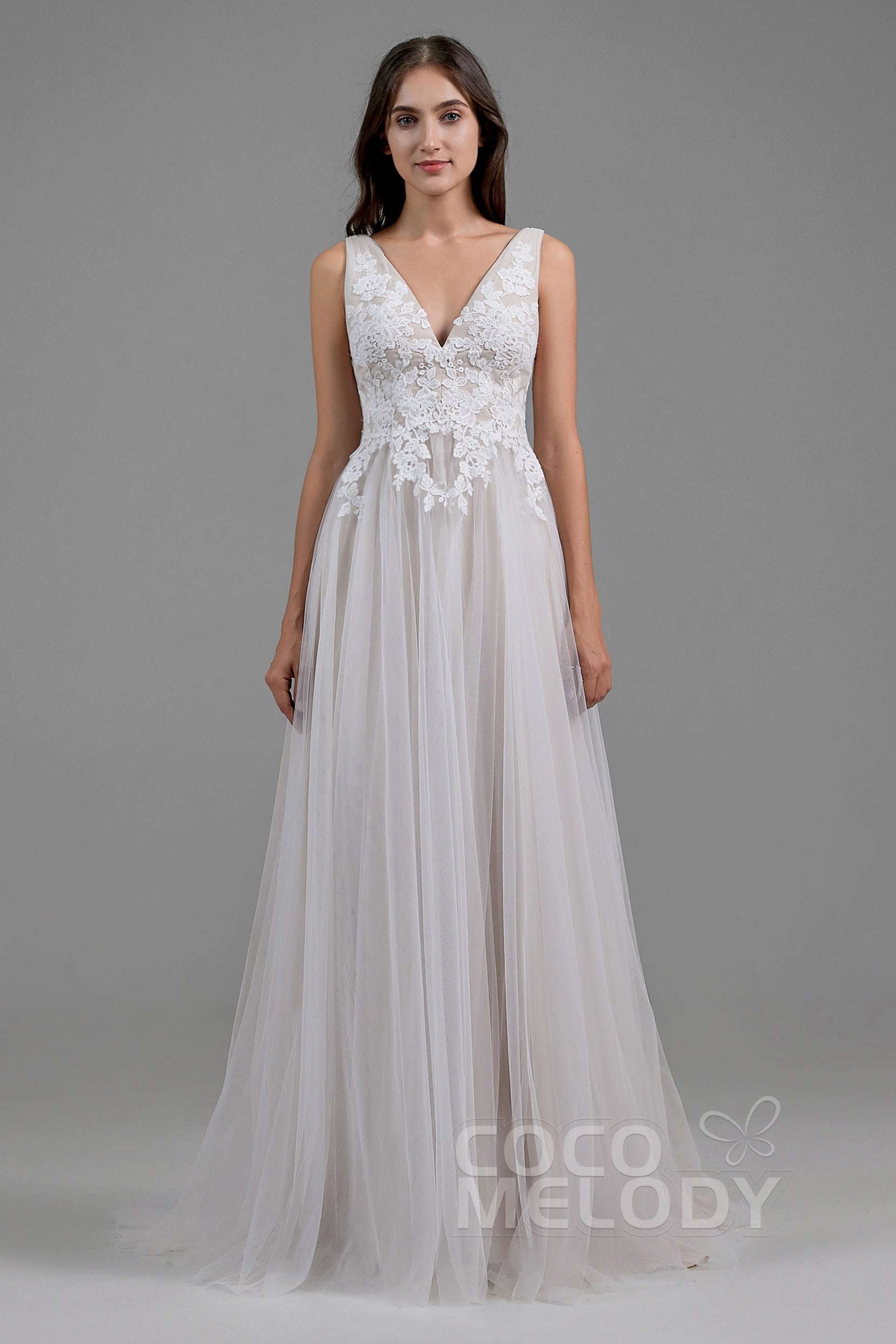 A-Line Sweep-Brush Train Tulle Wedding Dress