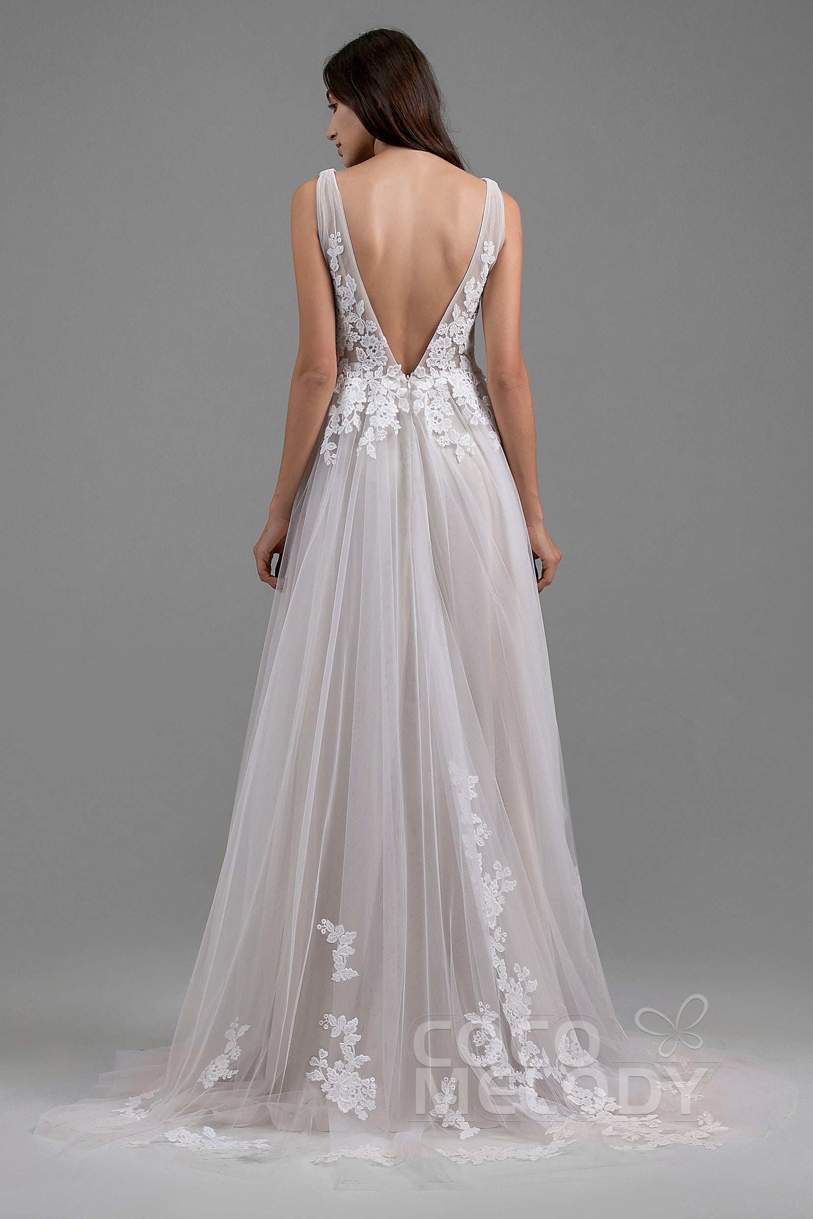 A-Line Sweep-Brush Train Tulle Wedding Dress