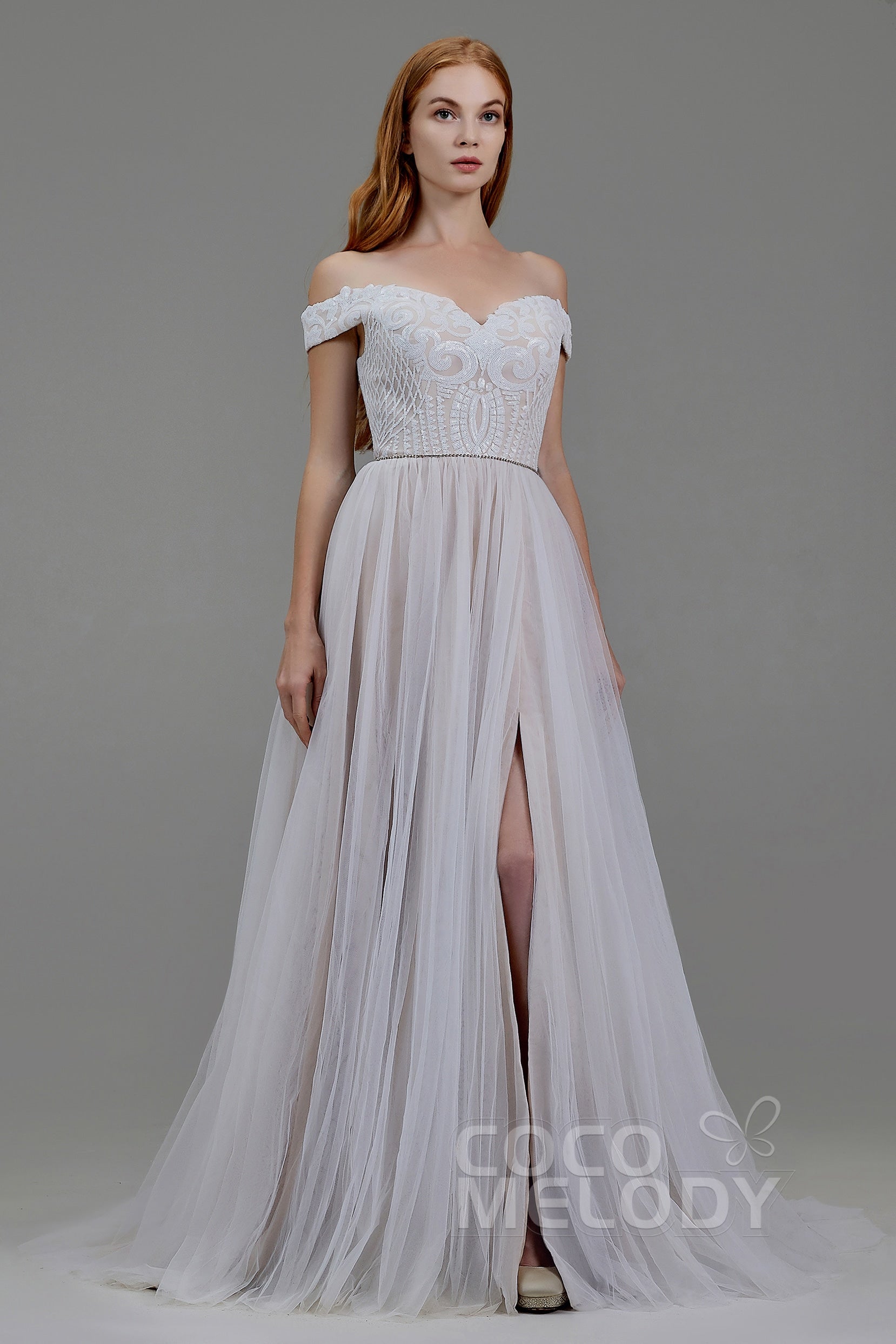 A-Line Court Train Sequined Lace Wedding Dress