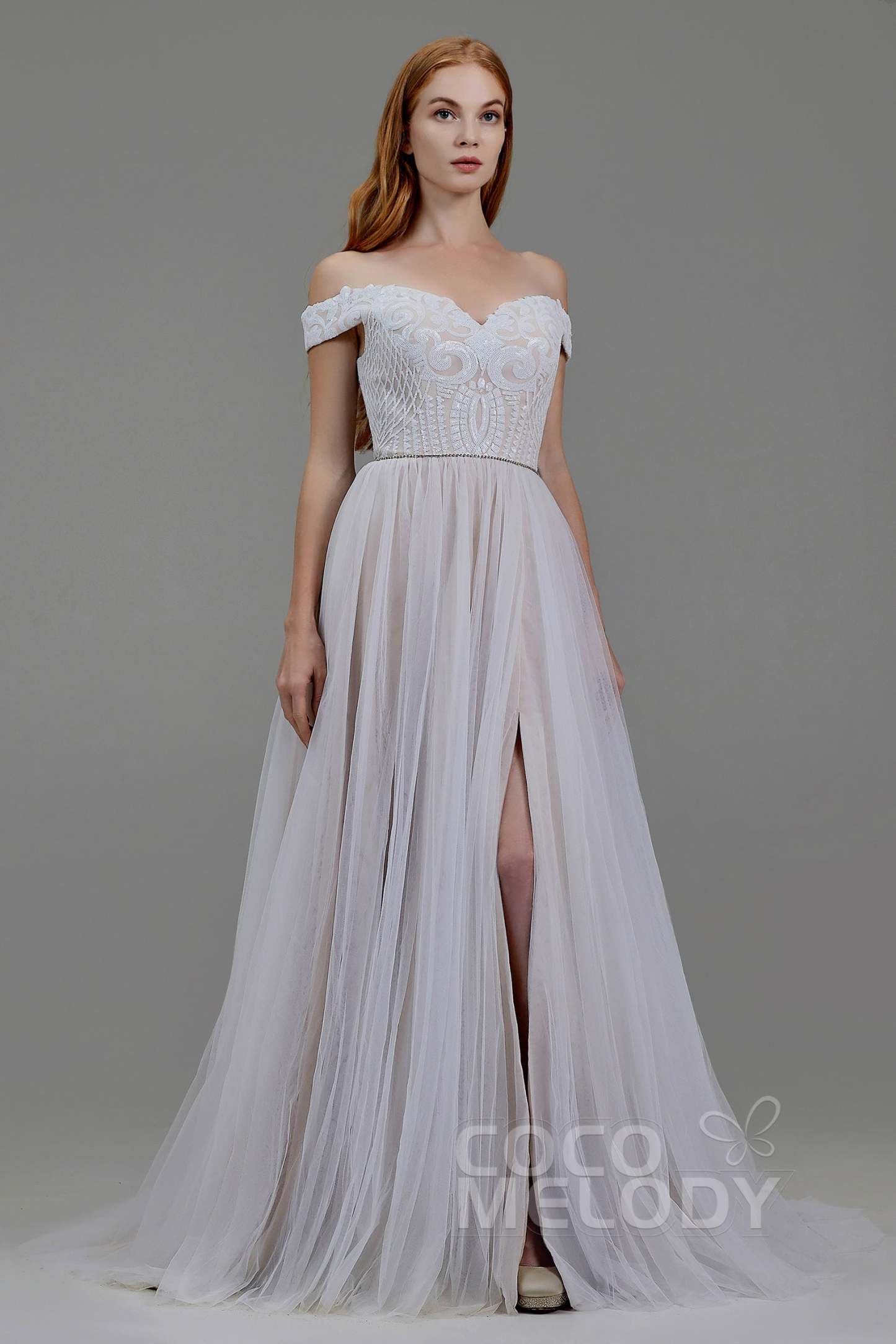 A-Line Court Train Sequined Lace Wedding Dress