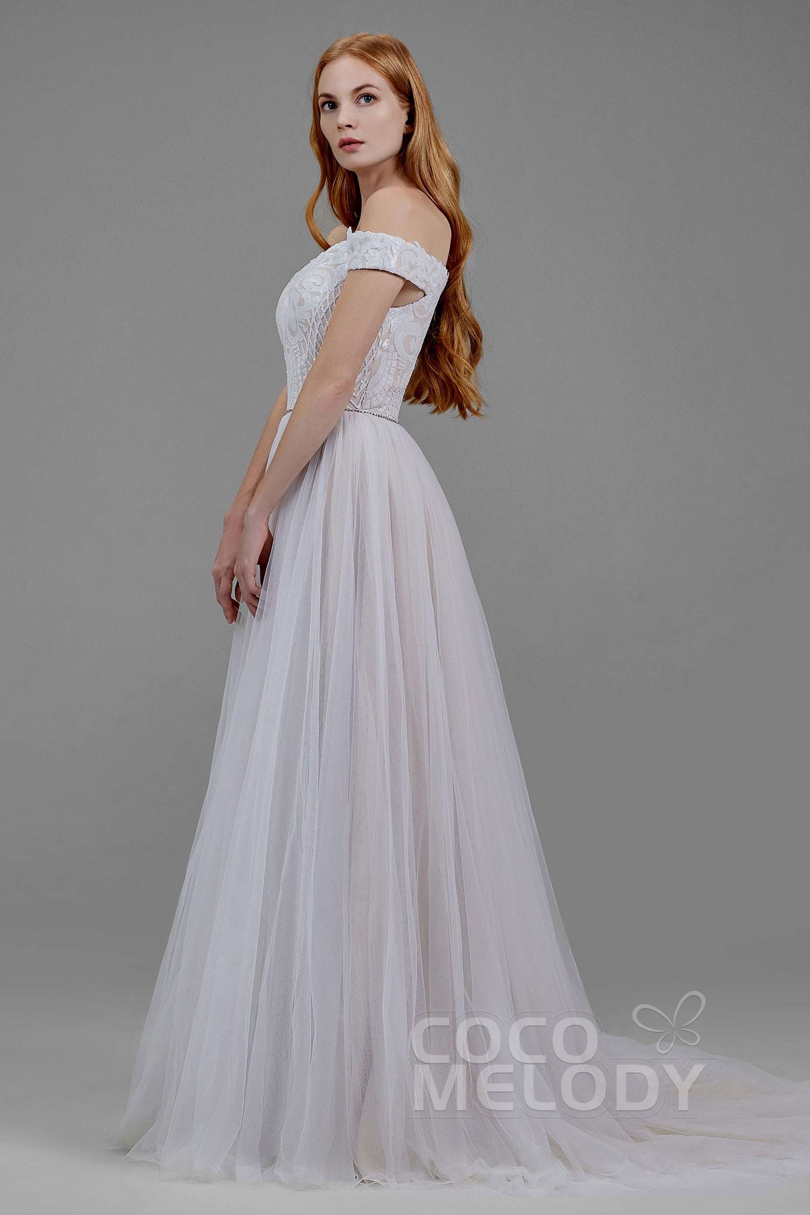 A-Line Court Train Sequined Lace Wedding Dress
