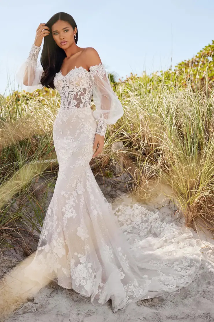MARTIN THORNBURG MT1403 Fit and Flare Sweetheart Bishop Sleeve Tulle Wedding Dress