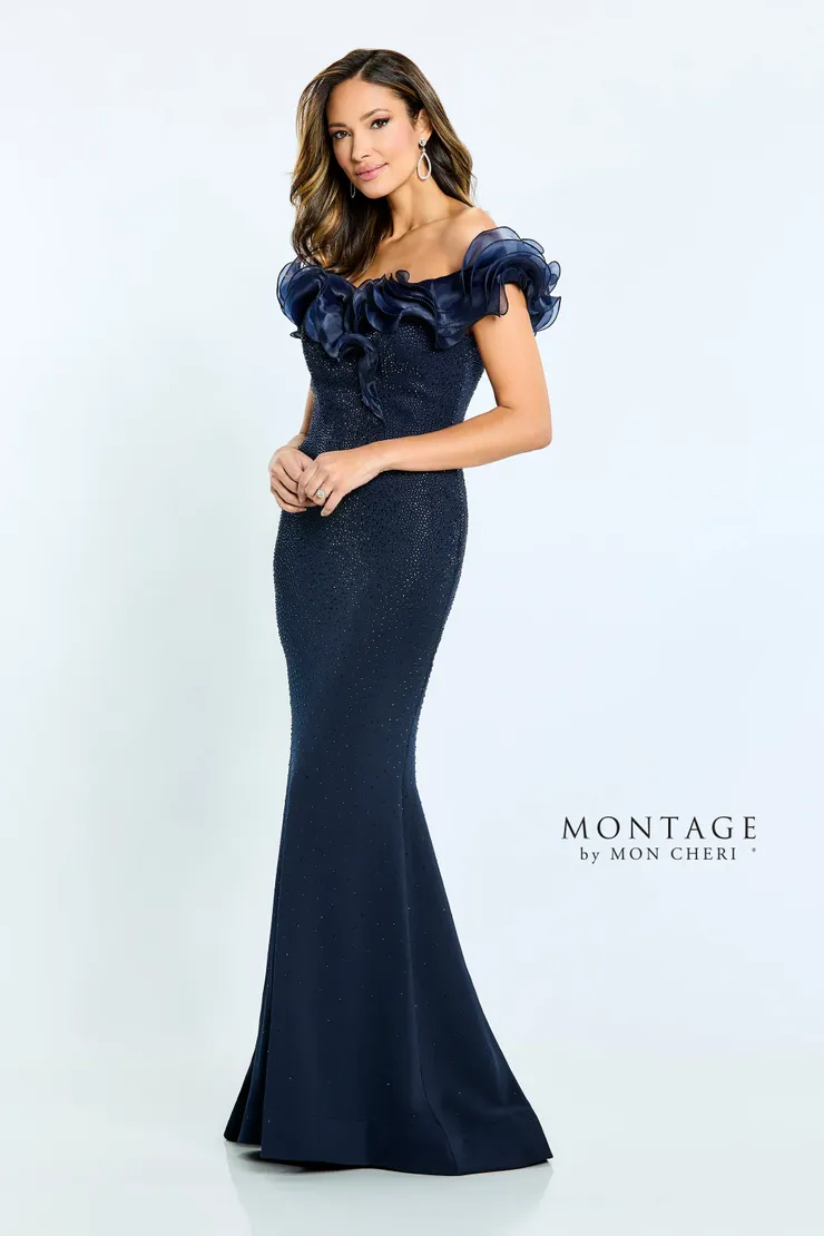 Fit And Flare Off-The-Shoulder Stretch Crepe Mother Of The Bride Dress #M503