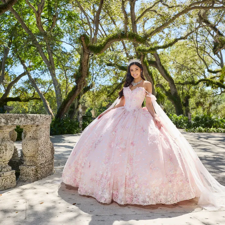 Enchanting Strapless Quinceañera Gown with Floral Accents and Sparklin