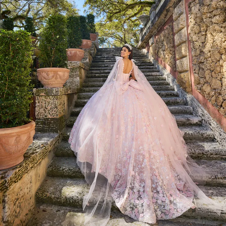 Enchanting Strapless Quinceañera Gown with Floral Accents and Sparkling Detail #PR30135