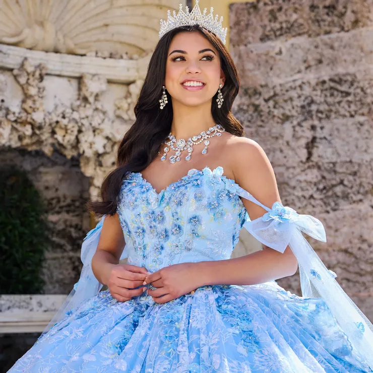 Enchanting Strapless Quinceañera Gown with Floral Accents and Sparkling Detail #PR30135