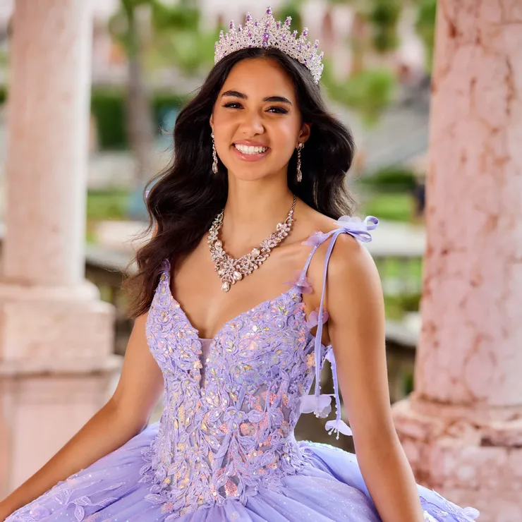 Sparkling Plunging V-Neck Sequins Delicate Lace Applique Quinceanera Dress #PR30157