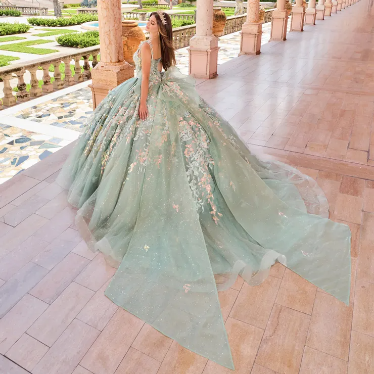 Sparkling Plunging V-Neck Sequins Delicate Lace Applique Quinceanera Dress #PR30157