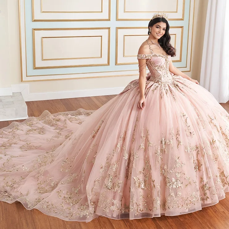 Halter Sweetheart Off-the-Shoulder Glitter Tulle Appliques Quinceanera dress #PR30176
