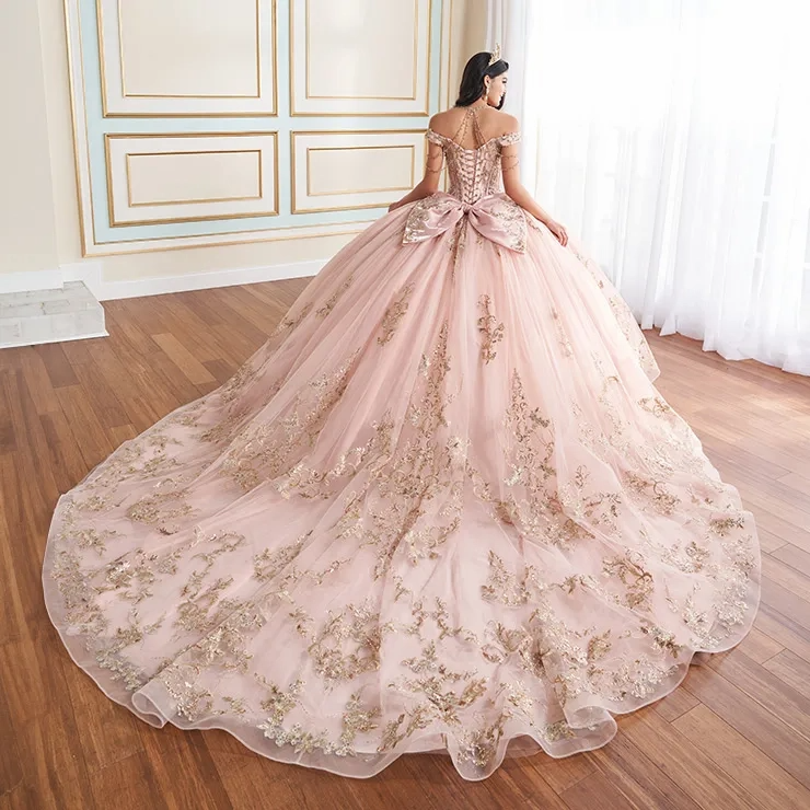 Halter Sweetheart Off-the-Shoulder Glitter Tulle Appliques Quinceanera dress #PR30176