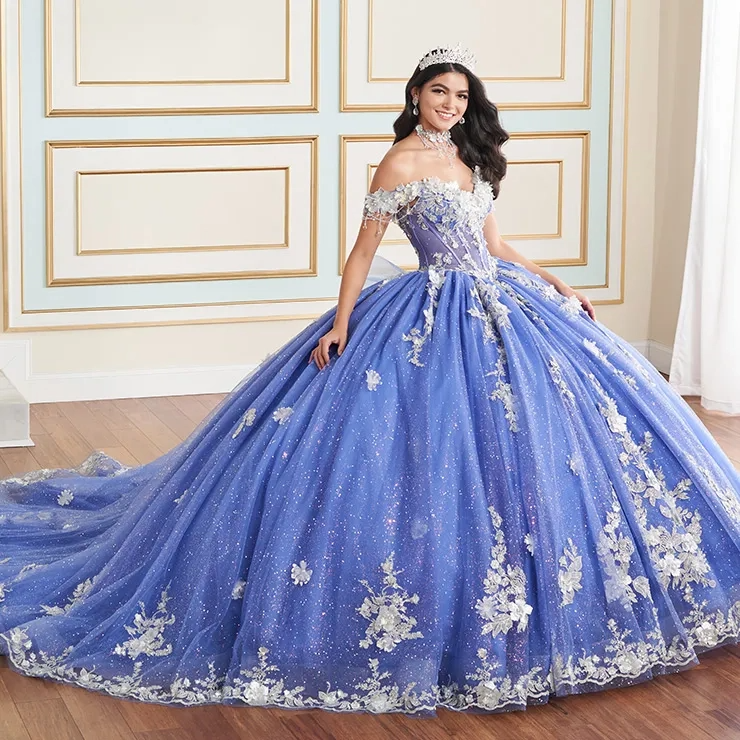 Sweetheart Off-The-Shoulder Applique Beading Glitter Tulle Quinceanera Dress #PR30178