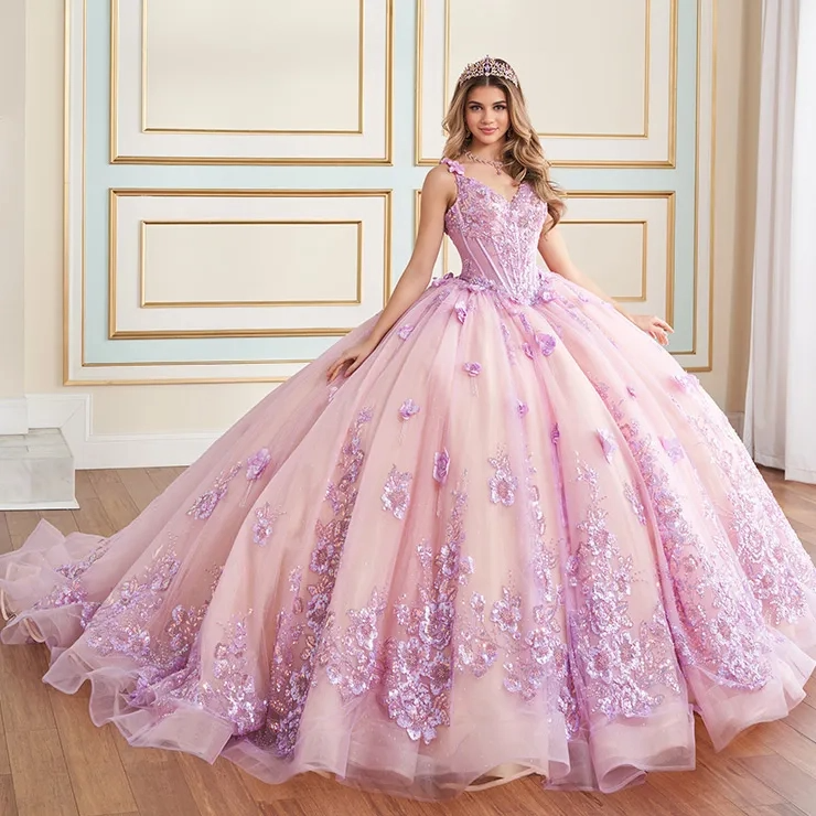 Sparkling V-Neck Glitter Tulle 3d Floral Quinceanera Dress #PR30179