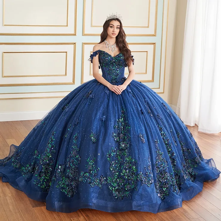 Sparkling V-Neck Glitter Tulle 3d Floral Quinceanera Dress #PR30179