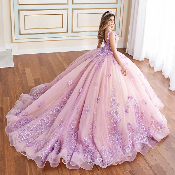 Sparkling V-Neck Glitter Tulle 3d Floral Quinceanera Dress #PR30179