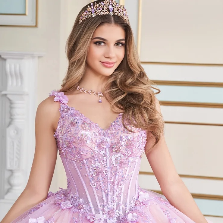 Sparkling V-Neck Glitter Tulle 3d Floral Quinceanera Dress #PR30179