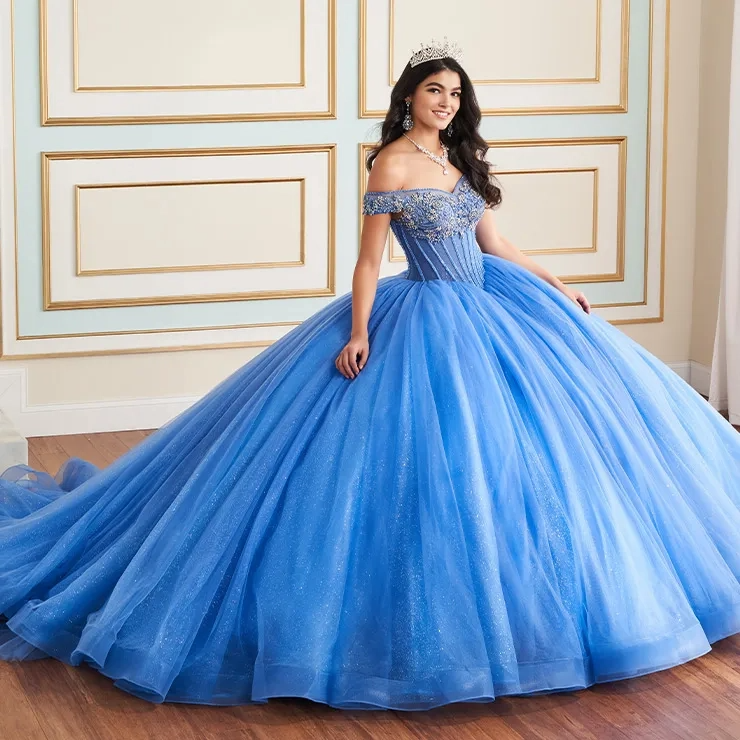 Sweetheart Off-The-Shoulder Glitter Tulle Appliques Quinceanera Dress #PR30180