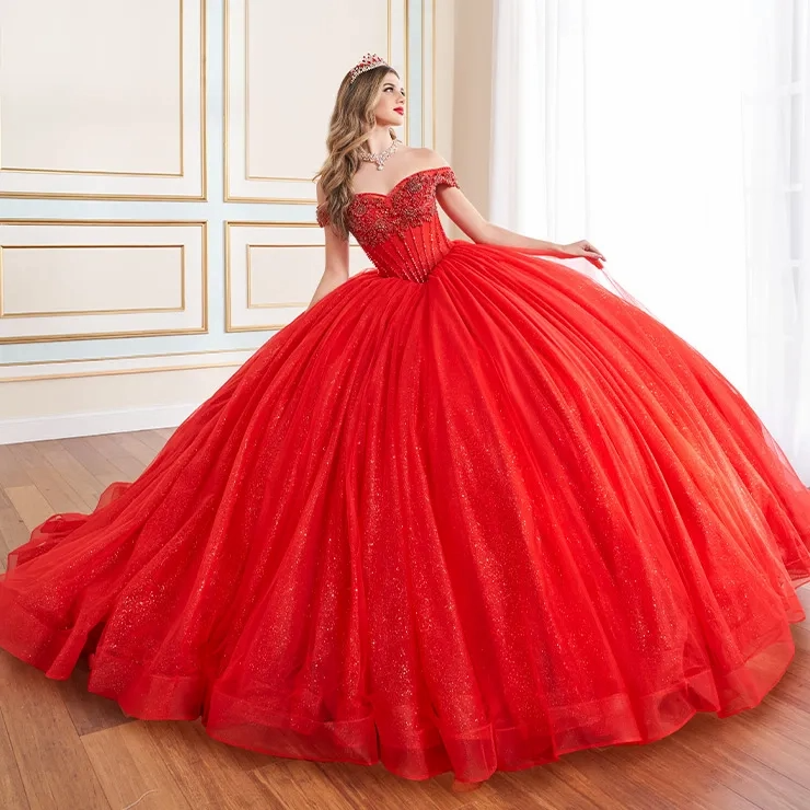 Sweetheart Off-The-Shoulder Glitter Tulle Appliques Quinceanera Dress