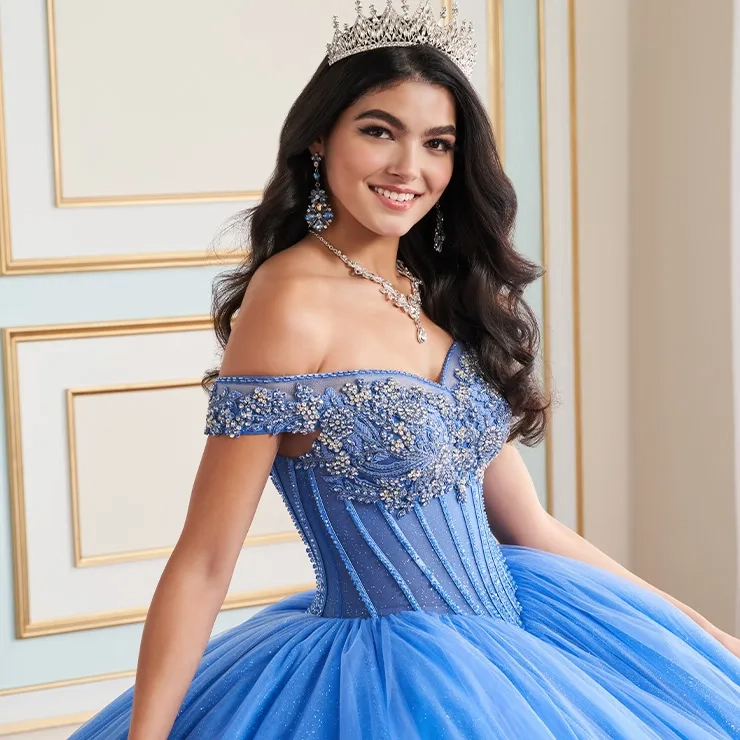 Sweetheart Off-The-Shoulder Glitter Tulle Appliques Quinceanera Dress #PR30180