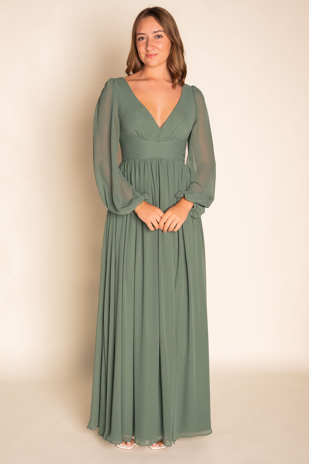 Flowy V-Neck Long Sleeve Chiffon Dress RJBM068