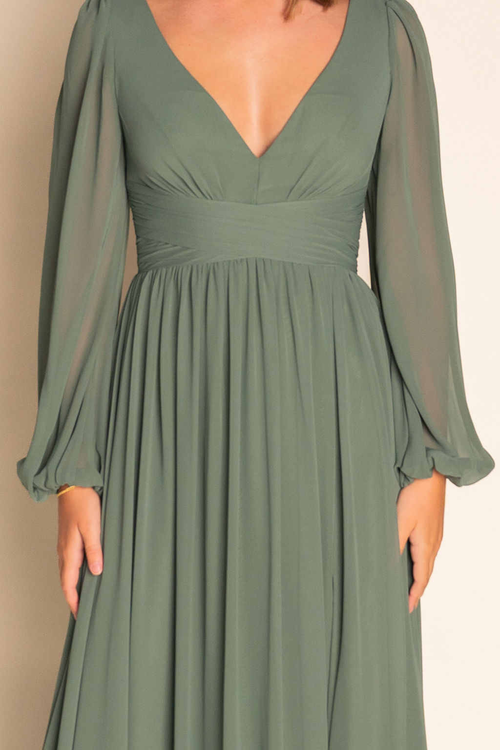 Flowy V-Neck Long Sleeve Chiffon Dress RJBM068