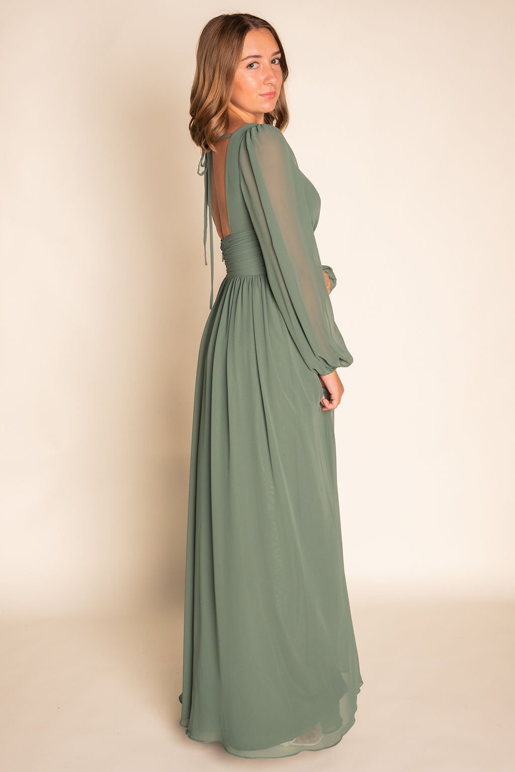 Flowy V-Neck Long Sleeve Chiffon Dress RJBM068