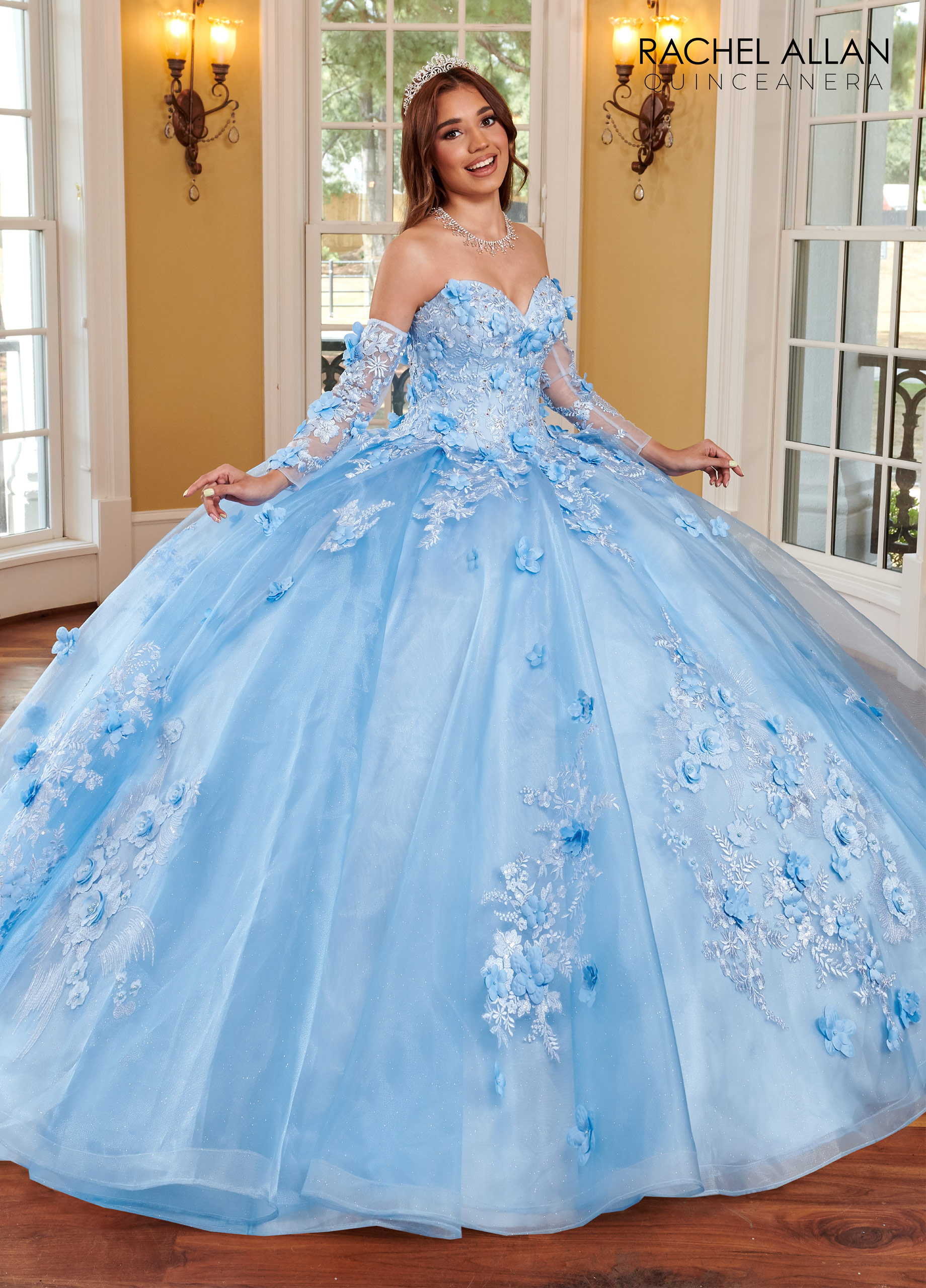 Strapless Scoop 3d Flowers Glitter Tulle Quinceanera Ball Gown