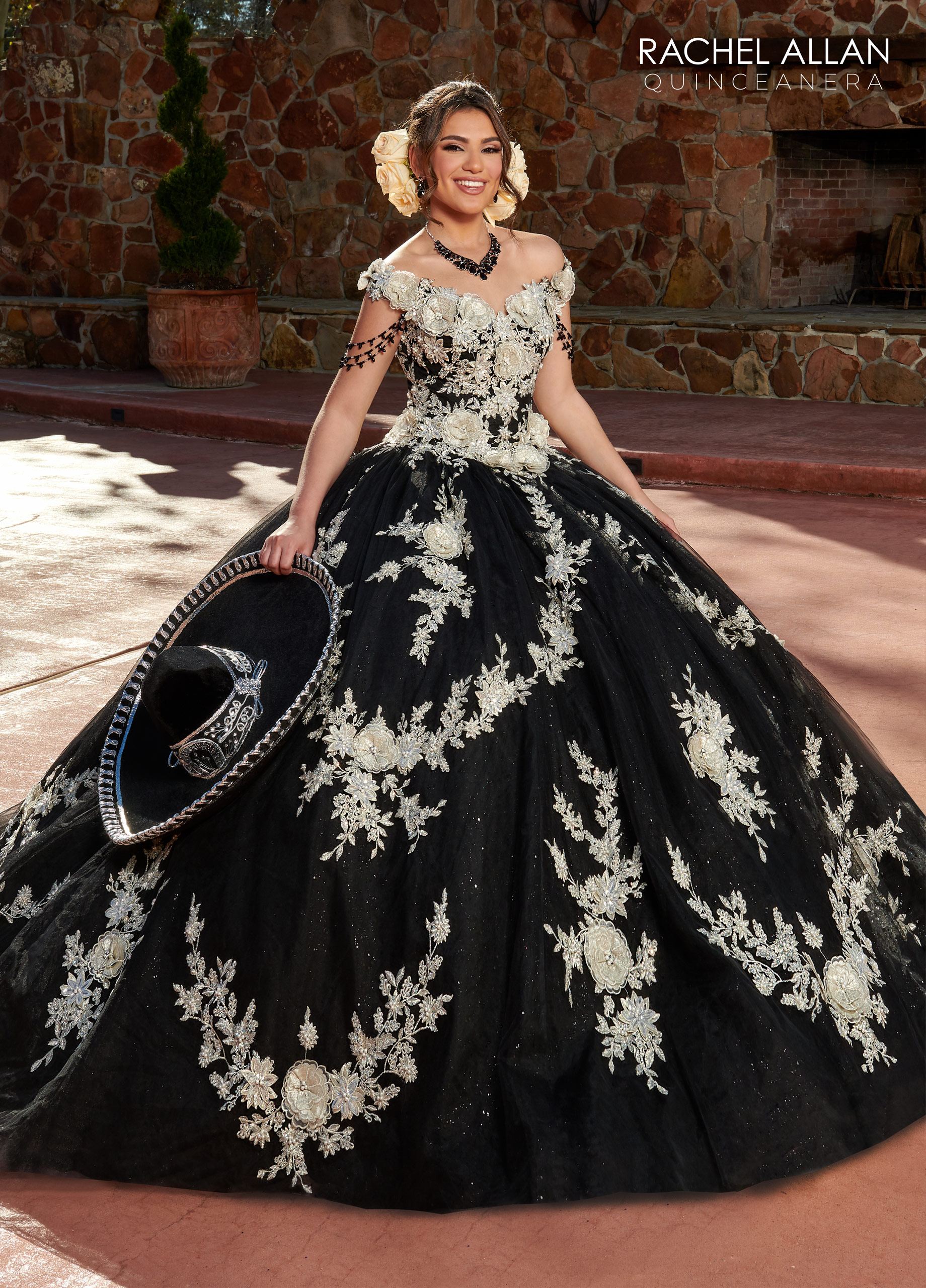 Glitter Tulle 3d Flowers Lace Applique Sweep Train Quinceanera Gowns