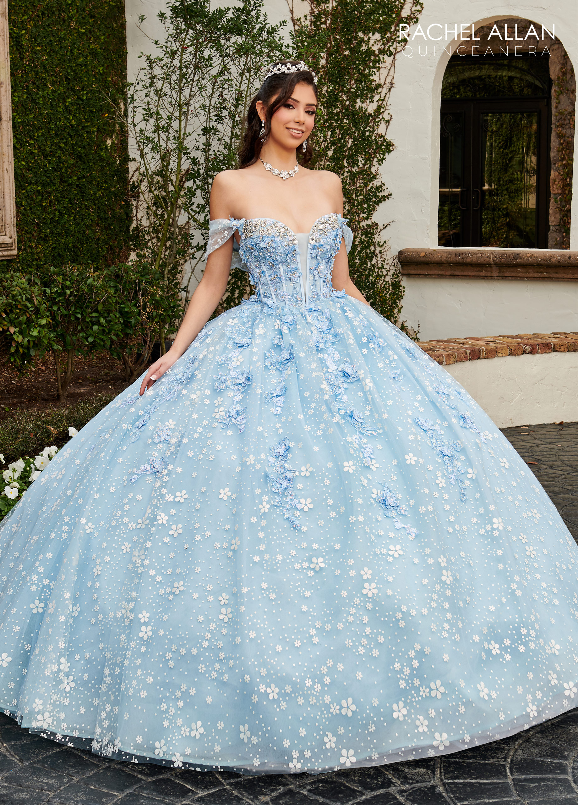 Off-The-Shoulder Plunging Sweetheart Glitter Tulle Quinceanera Ball Gown #RQ3122