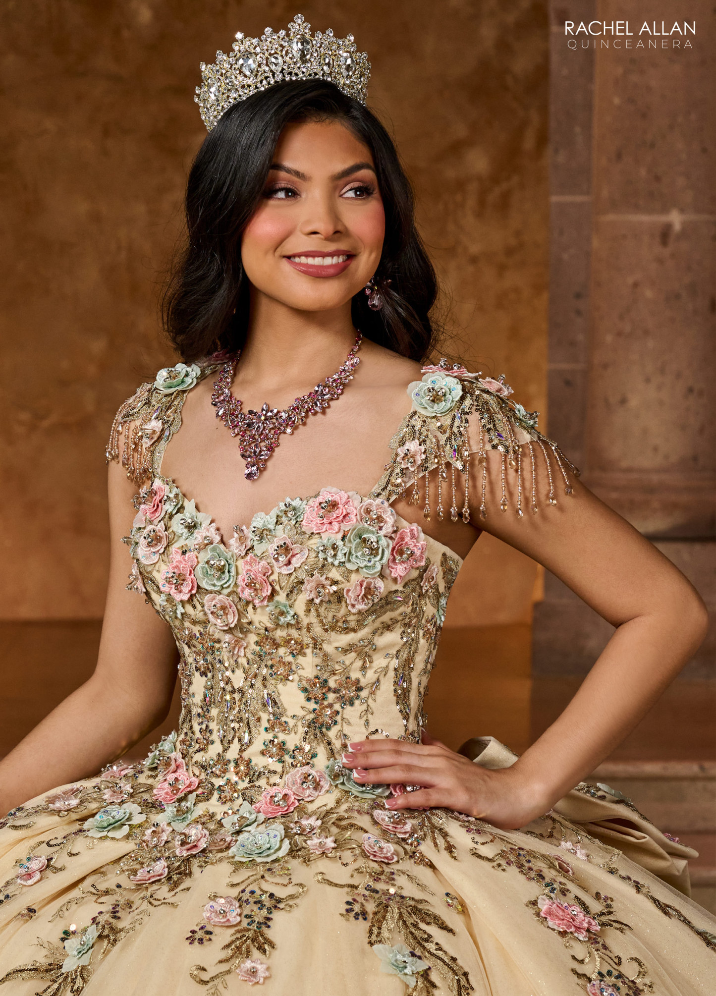Glitter tulle ballgown Applique 3d Flowers Quinceanera Gowns #RQ3126