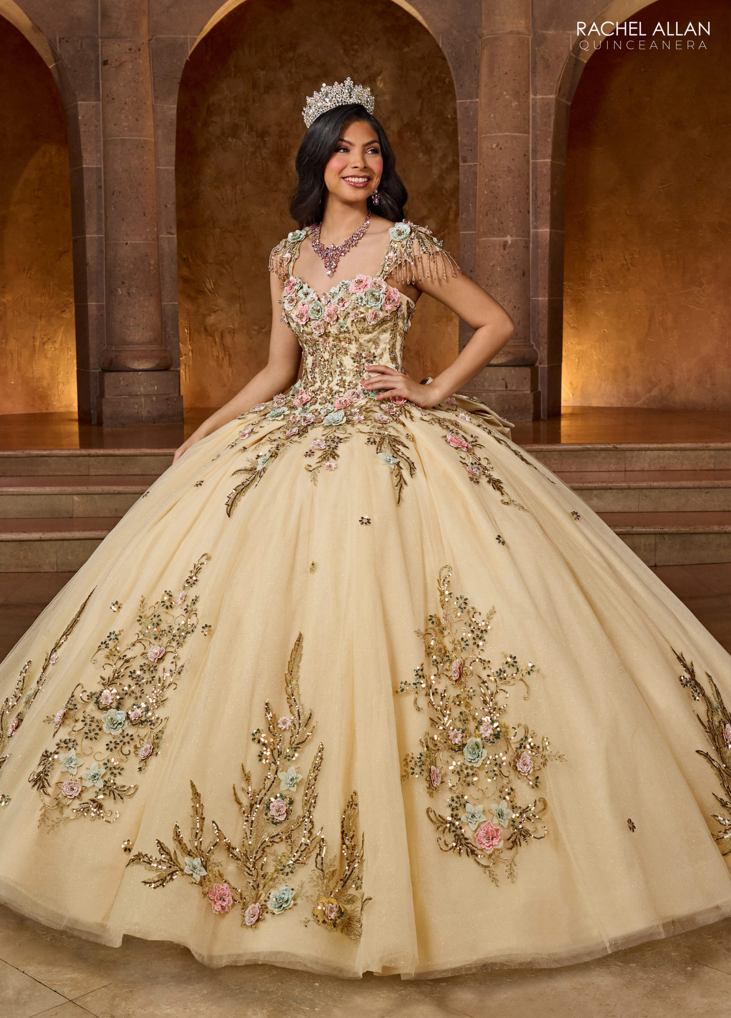 Glitter tulle ballgown Applique 3d Flowers Quinceanera Gowns #RQ3126