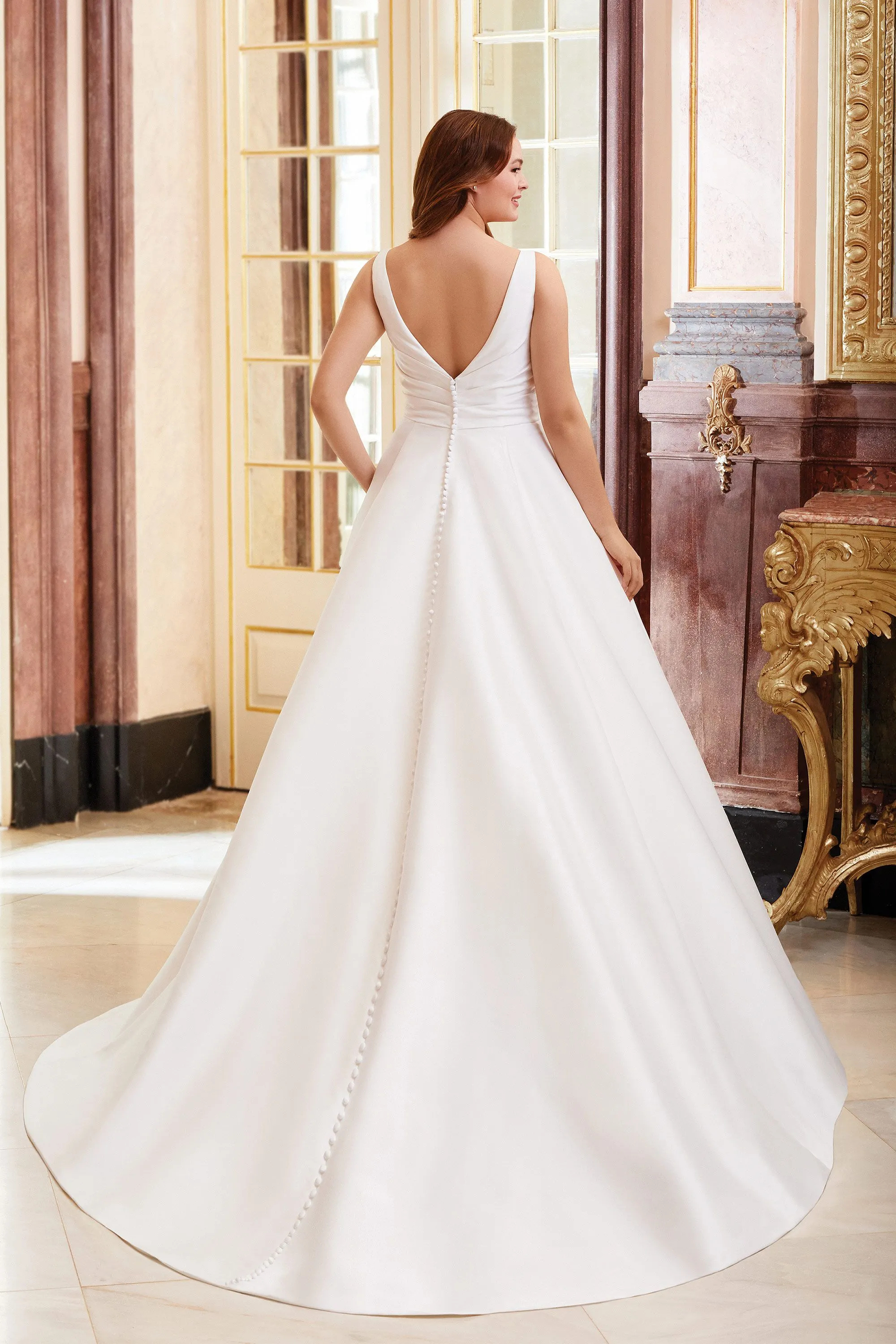 Ball Gown V-Neck Chapel Mikado Pockets Chapel Wedding Dress 44080