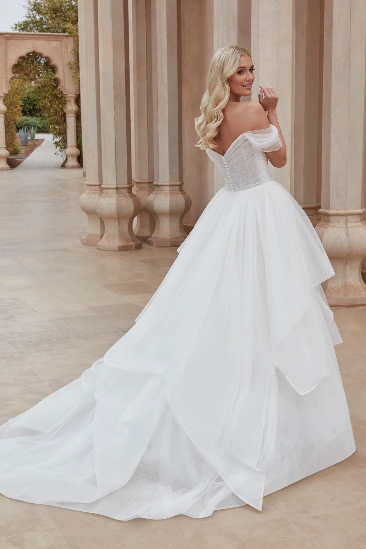 Ball Gown Off the Shoulder Organza Pleated Bodice Ruffles Wedding Dress  44419