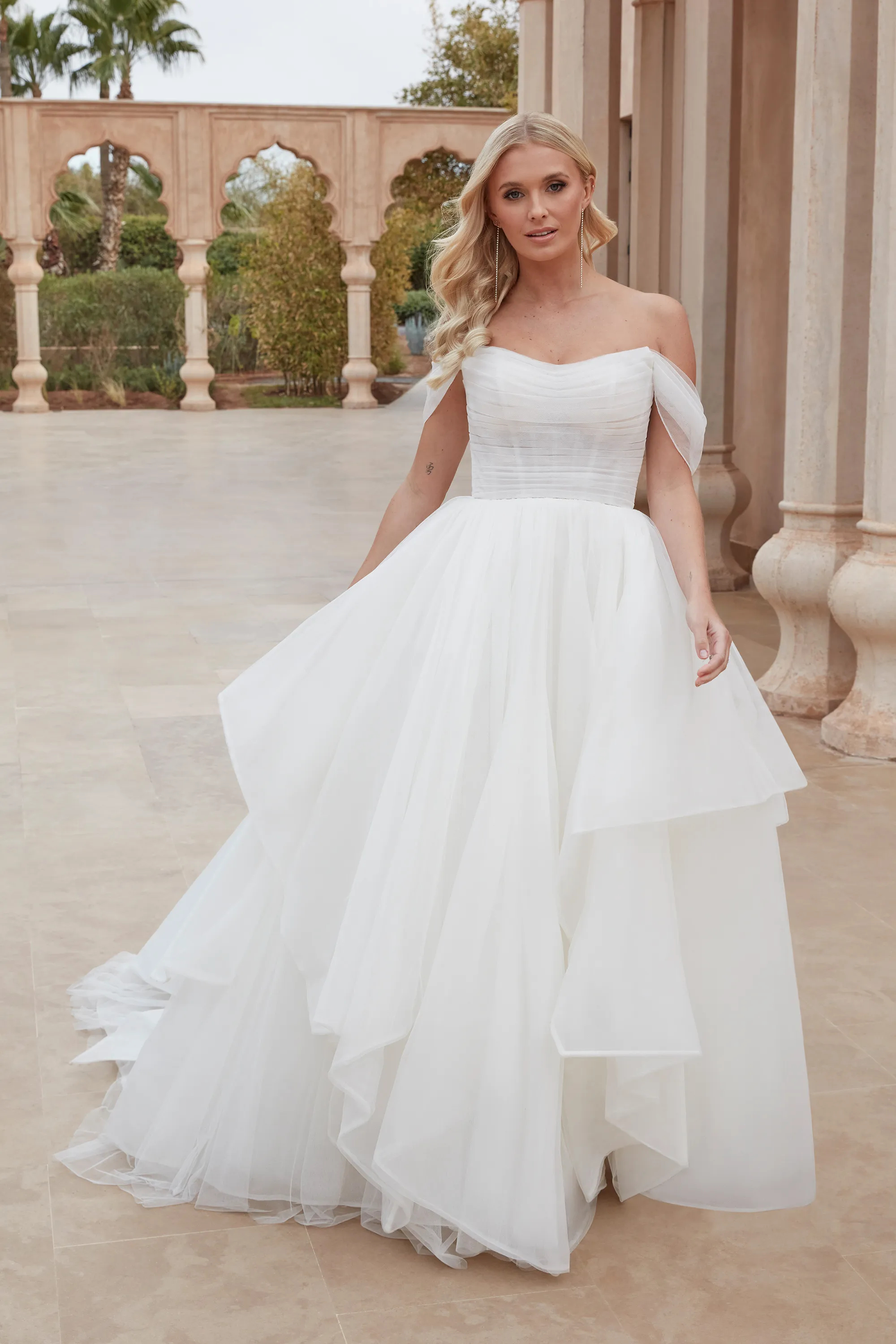 Ball Gown Off the Shoulder Organza Pleated Bodice Ruffles Wedding Dress  44419