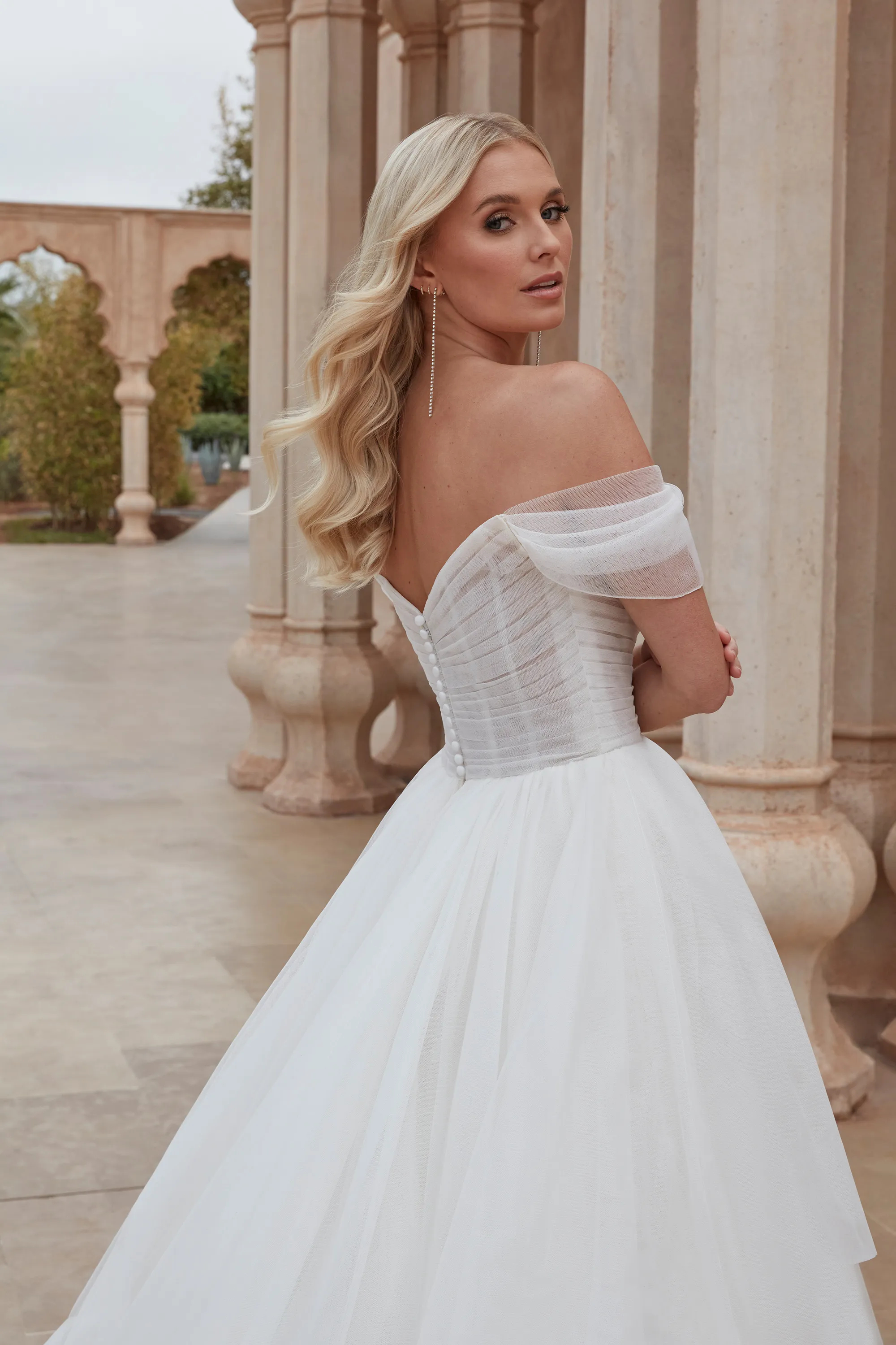 Ball Gown Off the Shoulder Organza Pleated Bodice Ruffles Wedding Dress  44419