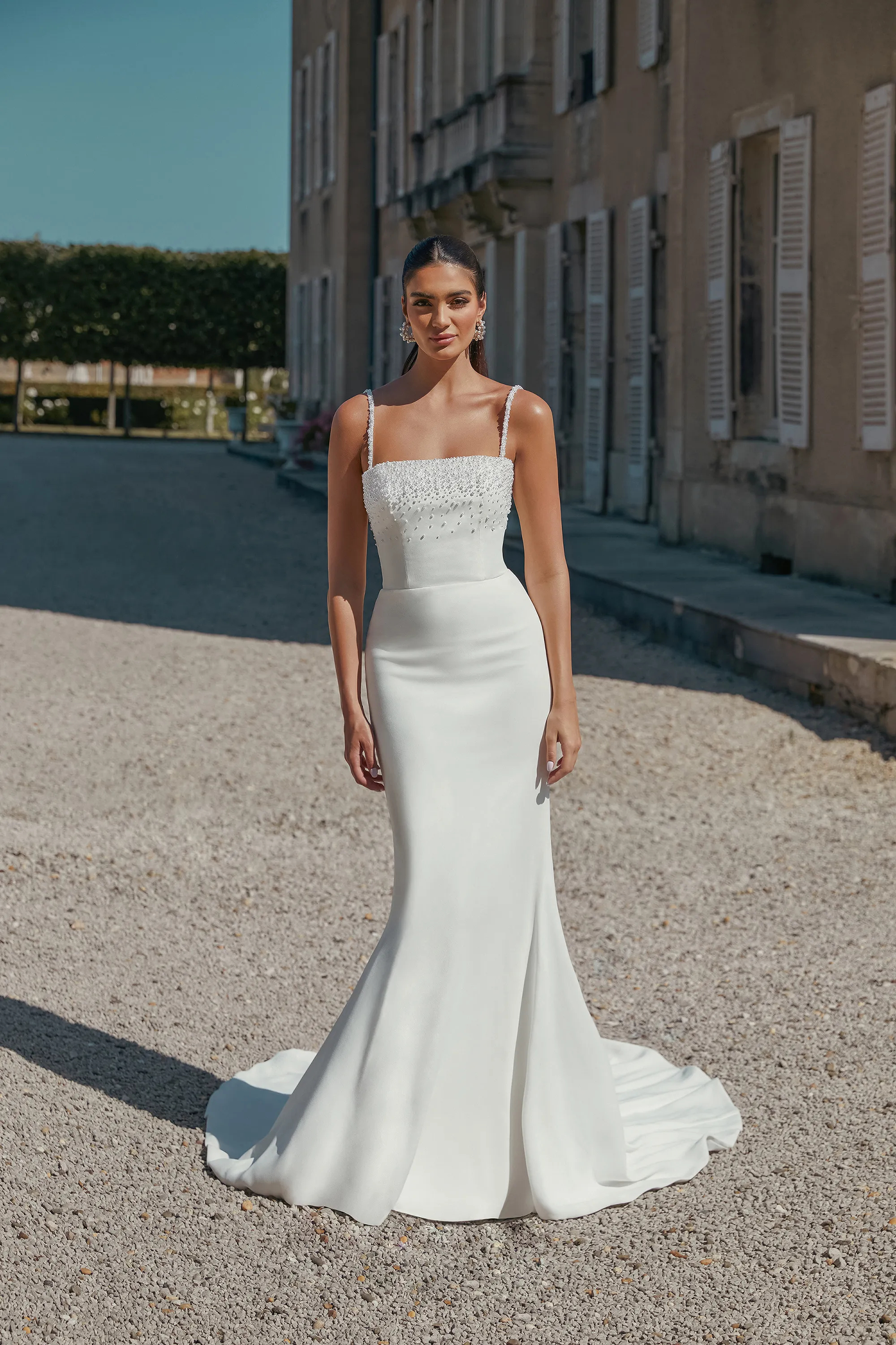 Graceful Straight Stretch Crepe Chapel Length Train Wedding Dress 44447