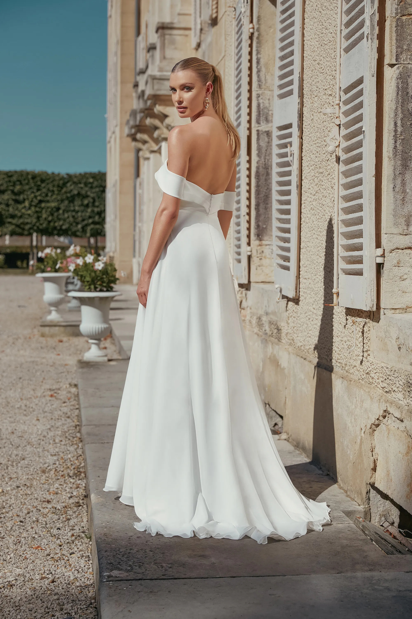 A-Line Cuffed Off-the-Shoulder Chiffon Crepe Sweep Train Wedding Dress 44454