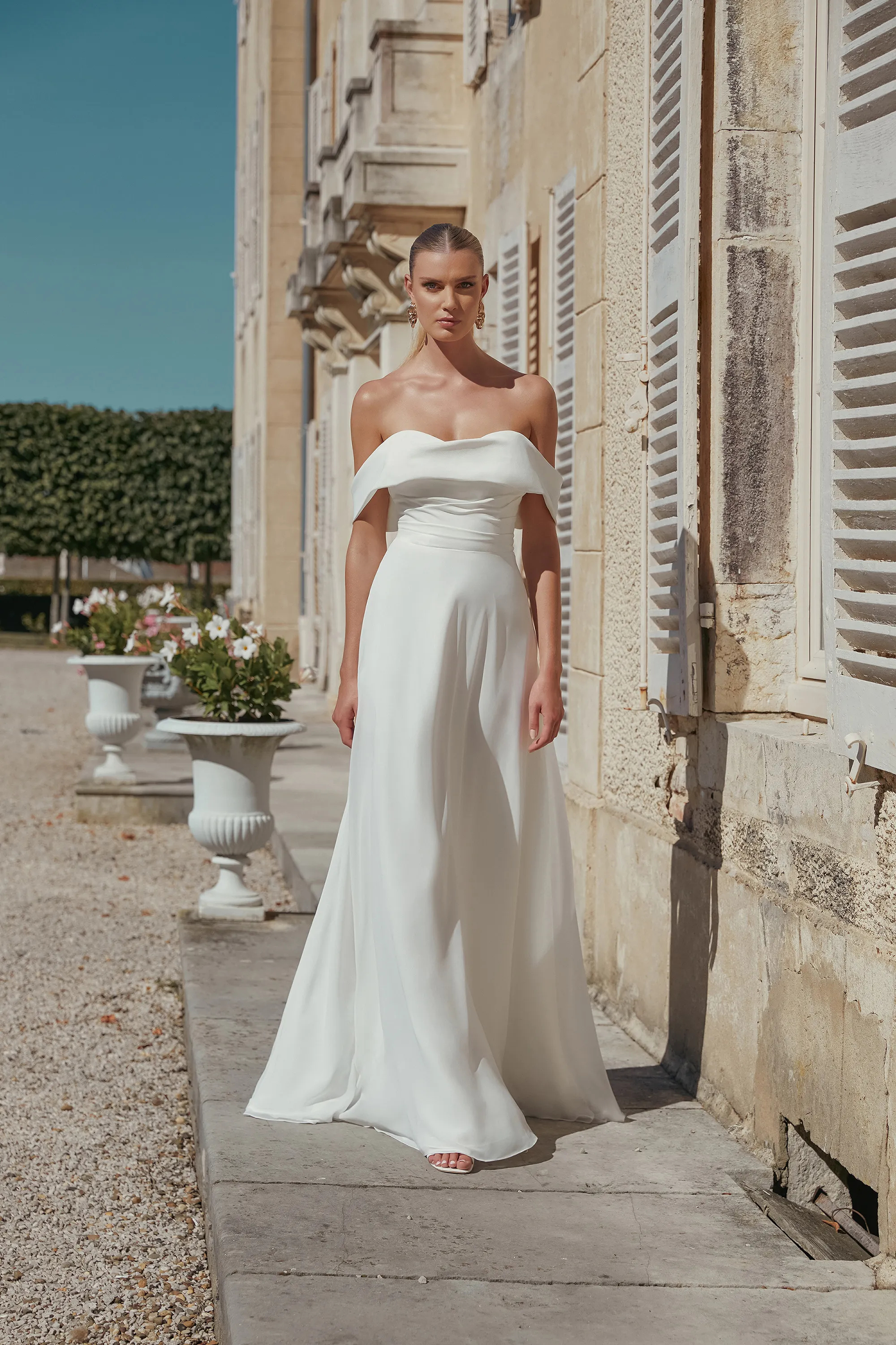 A-Line Cuffed Off-the-Shoulder Chiffon Crepe Sweep Train Wedding Dress 44454