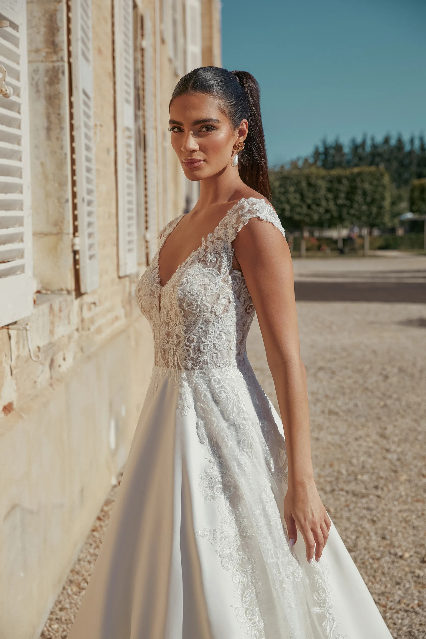 A-Line Plunge V-Neck Sequins Lace Sweep Train Wedding Dress 44455