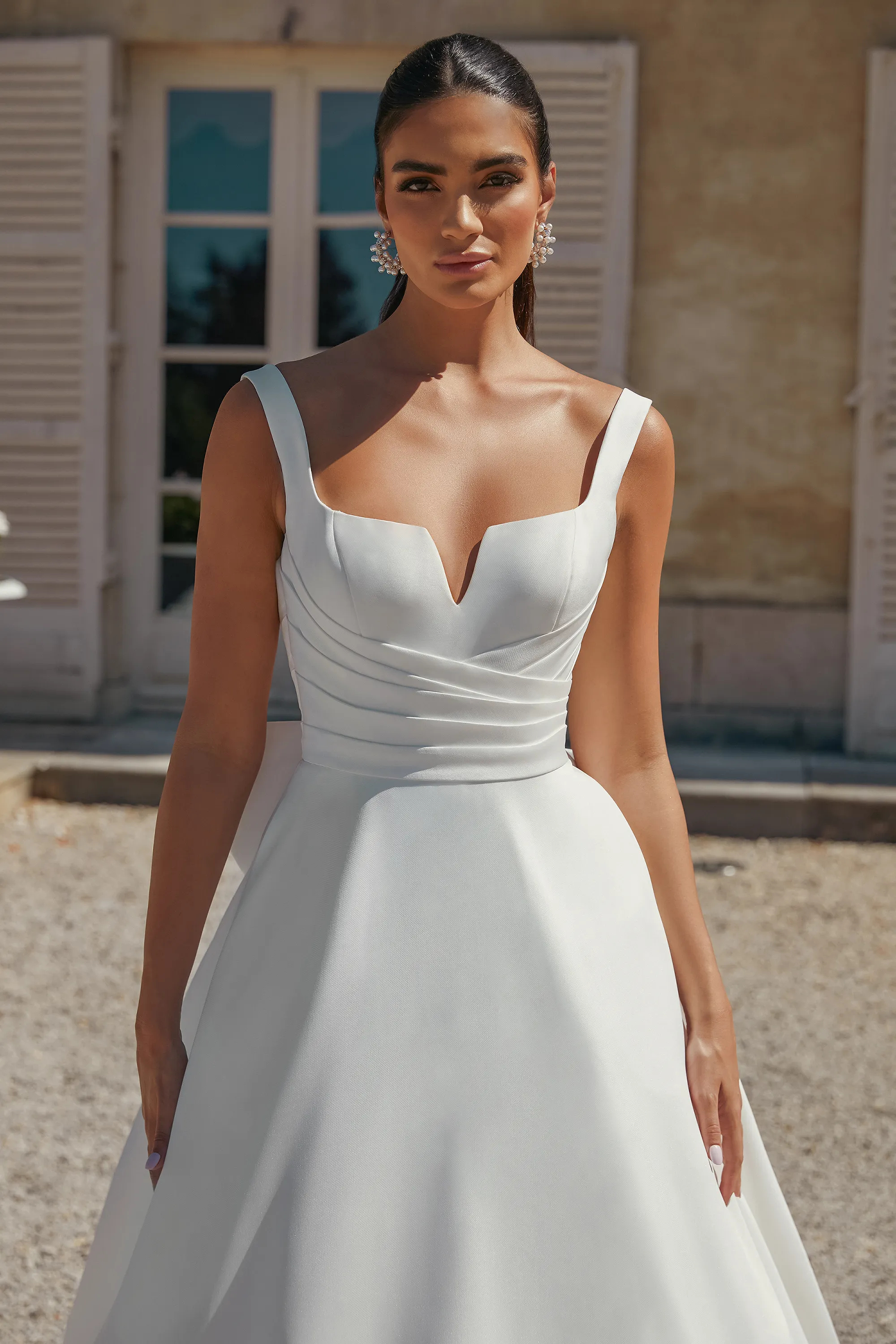 Chic A-Line Square Mikado Pleated Detachable Bow Wedding Dress 44457